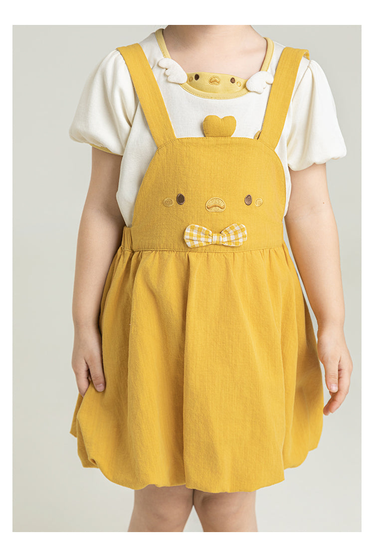 Jumper Burbuja Niña | Amarillo Mostaza con Pechera Bordada y Moño Vichy