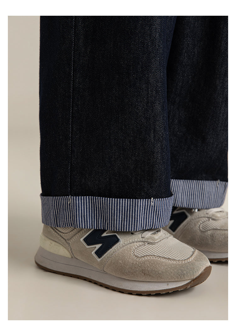 Jeans Wide Leg | Mezclilla Suave con Pespuntes Blancos y Dobladillo a Rayas