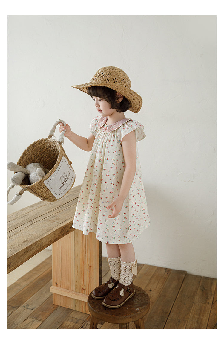 Vestido Floral Niña | Cuello Bobo Bordado Estilo Cottage Core y Romántico Asiático