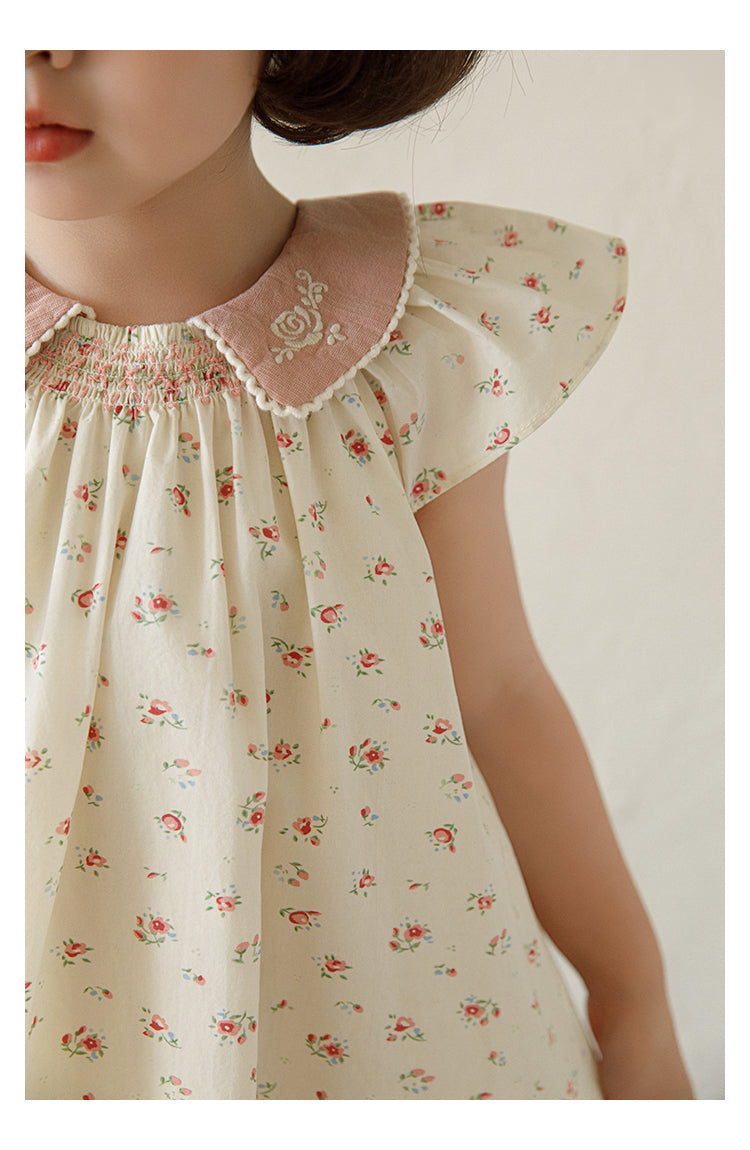 Vestido Floral Niña | Cuello Bobo Bordado Estilo Cottage Core y Romántico Asiático