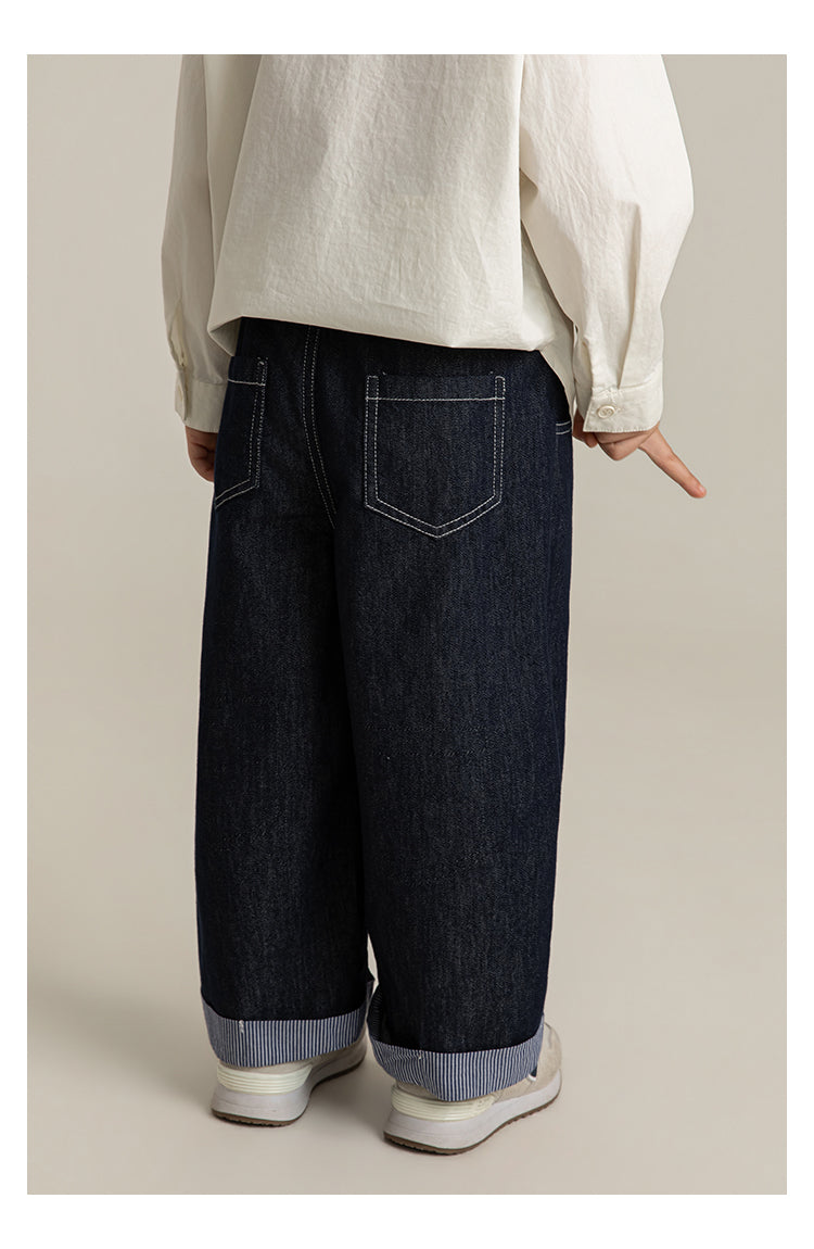 Jeans Wide Leg | Mezclilla Suave con Pespuntes Blancos y Dobladillo a Rayas