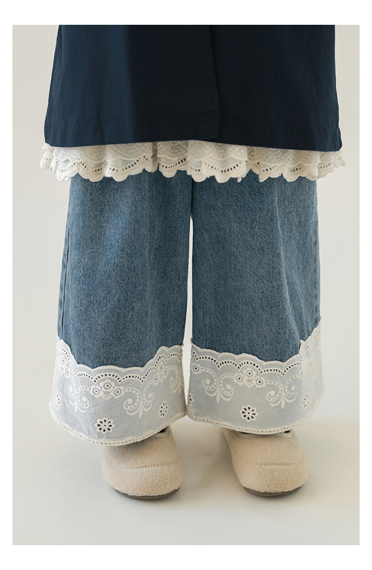 Jeans Wide Leg Niña | Mezclilla con Encaje Bordado Suizo en Bastilla