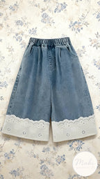 Jeans Wide Leg Niña | Mezclilla con Encaje Bordado Suizo en Bastilla
