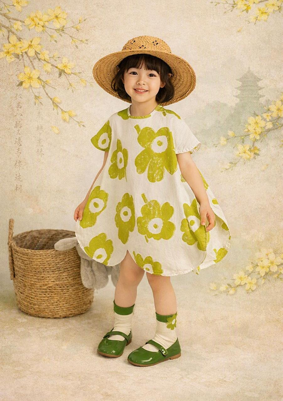 Vestido Túnica Floral Niña | Dobladillo Pétalo y Corte Trapecio Inspiración Asiática