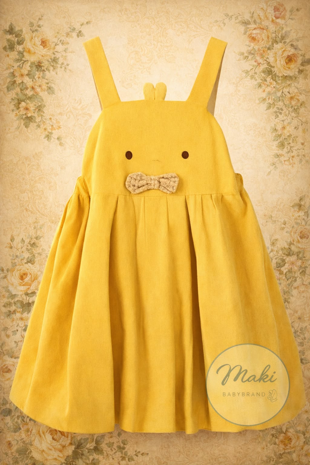 Jumper Burbuja Niña | Amarillo Mostaza con Pechera Bordada y Moño Vichy