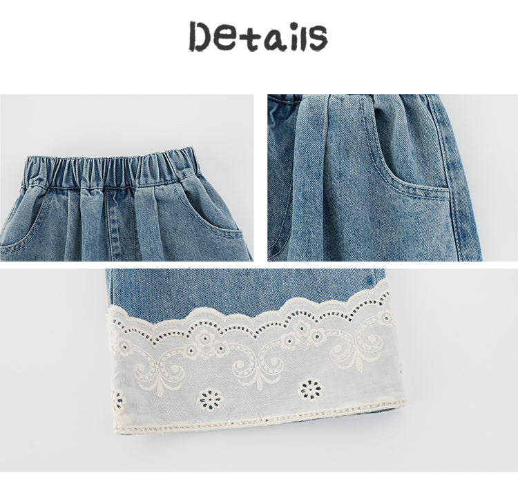 Jeans Wide Leg Niña | Mezclilla con Encaje Bordado Suizo en Bastilla