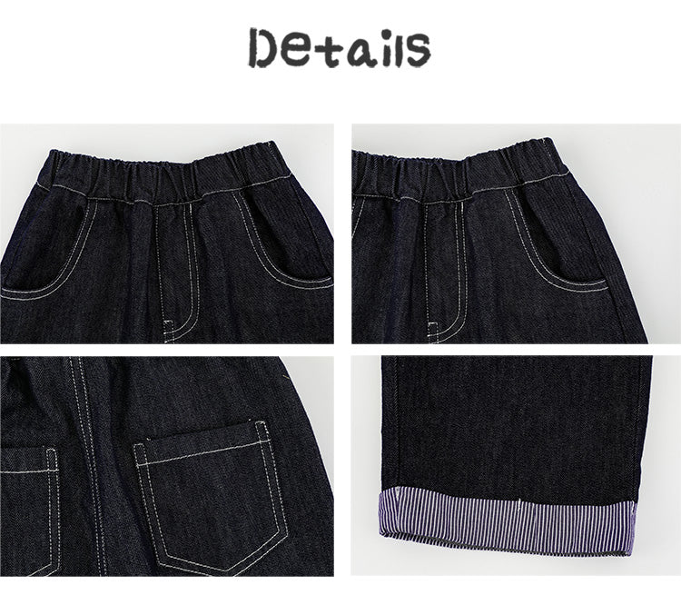 Jeans Wide Leg | Mezclilla Suave con Pespuntes Blancos y Dobladillo a Rayas